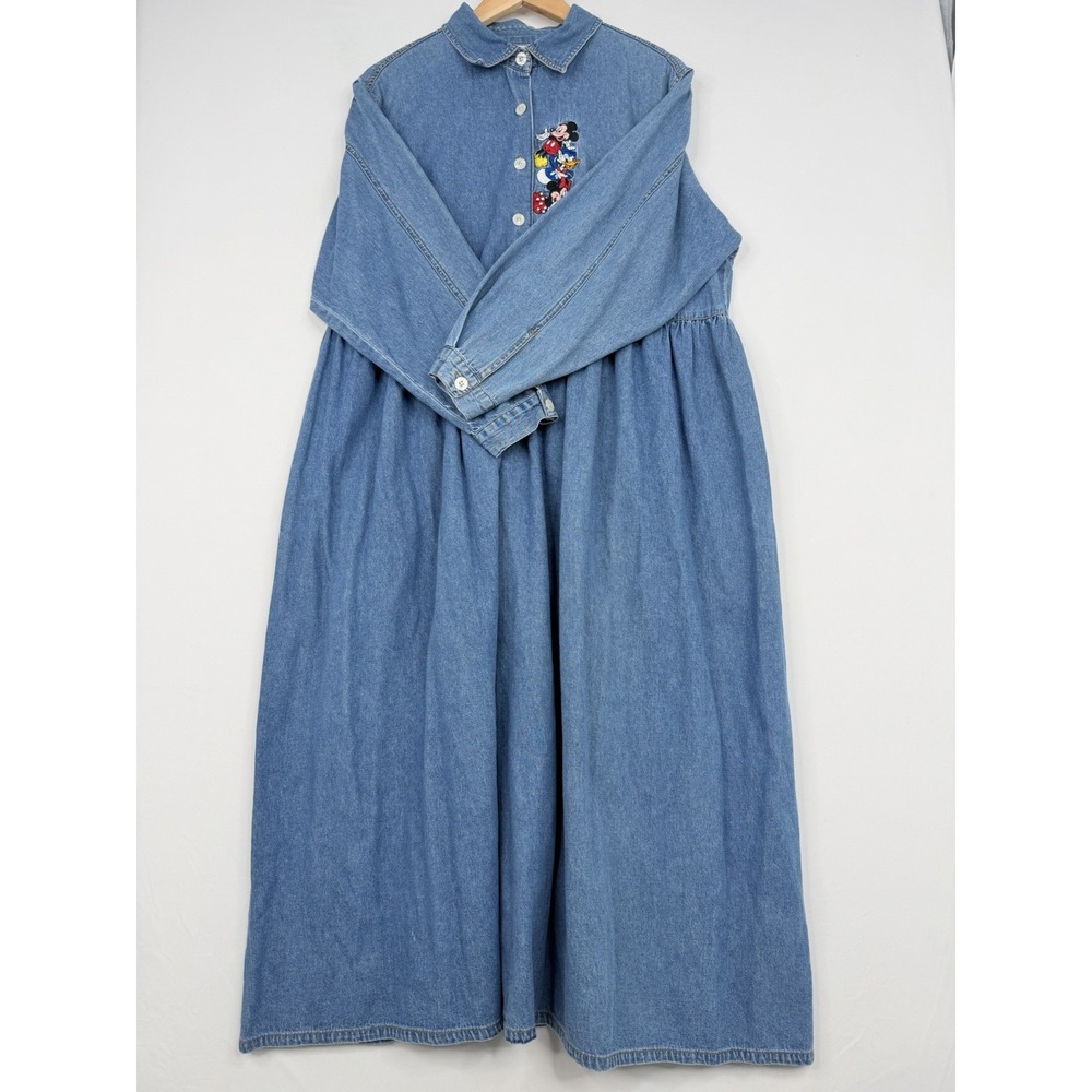 VTG 90s Disney Mickey Minnie Donald Goofy Embroidered Denim Button Front Dress L